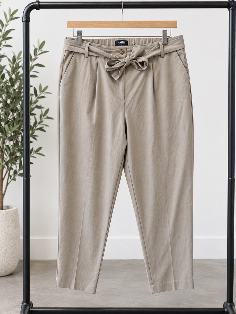 Reitmans Signature Plus Size 22: Tan Paperbag Waist Pants with Tie Belt
